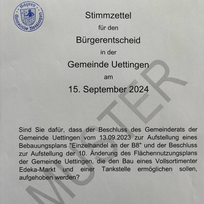 Musterstimmzettel Bürgerentscheid Uettingen 15.09.2024